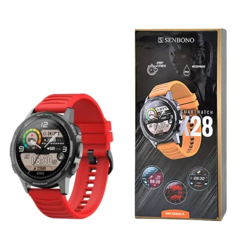 Zegarek sportowy smartwatch senbono X28 czerwony full HD 360x360, pomiar SpO2, metalowa koperta