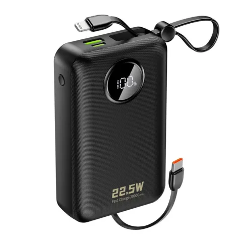 Powerbank 20000mAh USB-C USB-A z wbudowanymi kablami iPhone Lightning USB-C - czarny